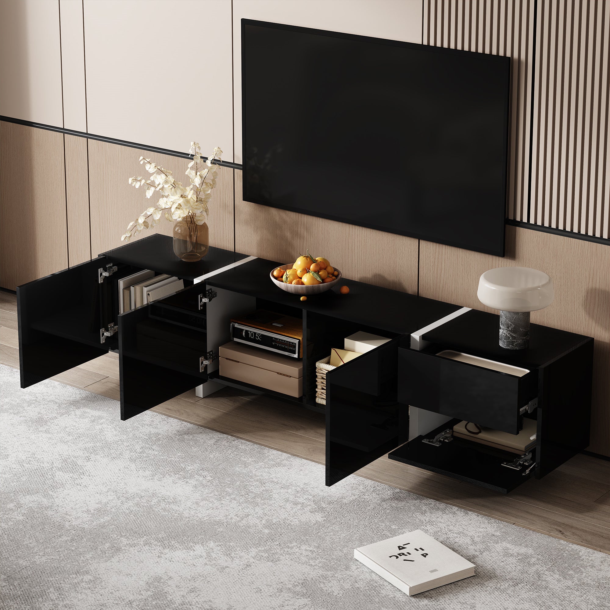 TV Cabinet, High-Gloss with Doors & Drawers, Black & White