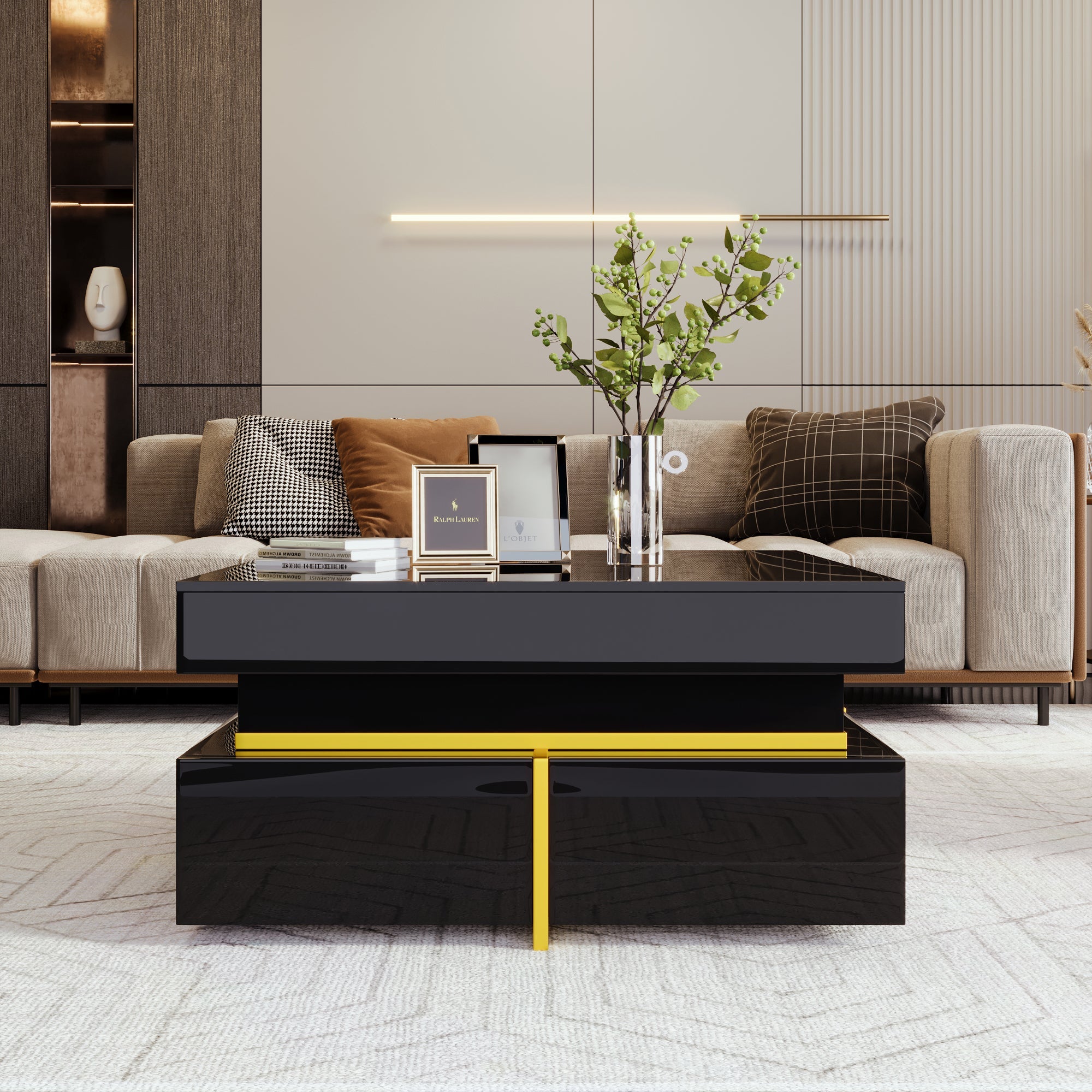 Coffee Table, High-Gloss, with Drawers, Gold Accents