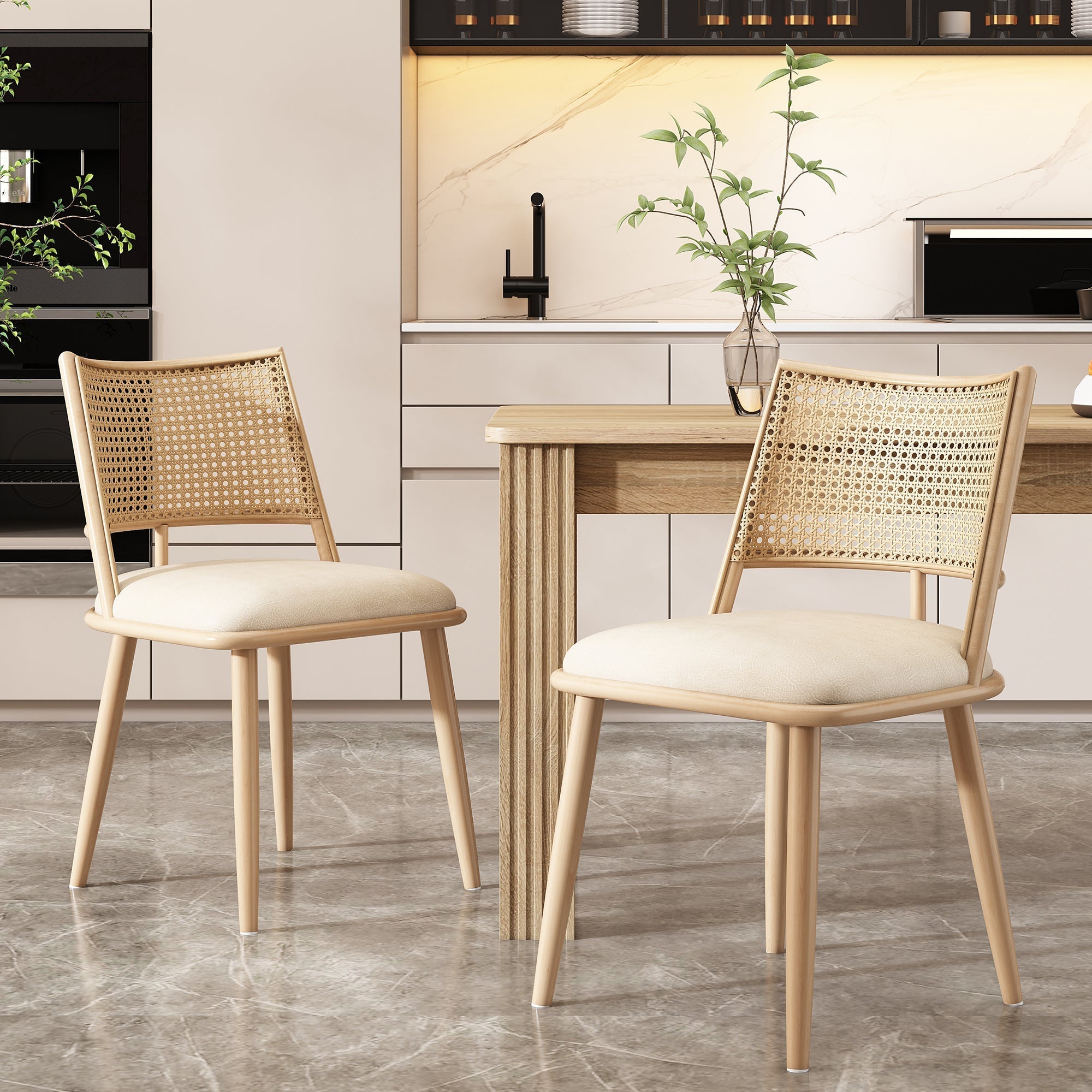 Set of 2, PU seat, rattan backrest, Bamboo kitchen chair with imitation rattan backrest and retro side armchair, suitable for home, restaurant, living room, cafe,beige