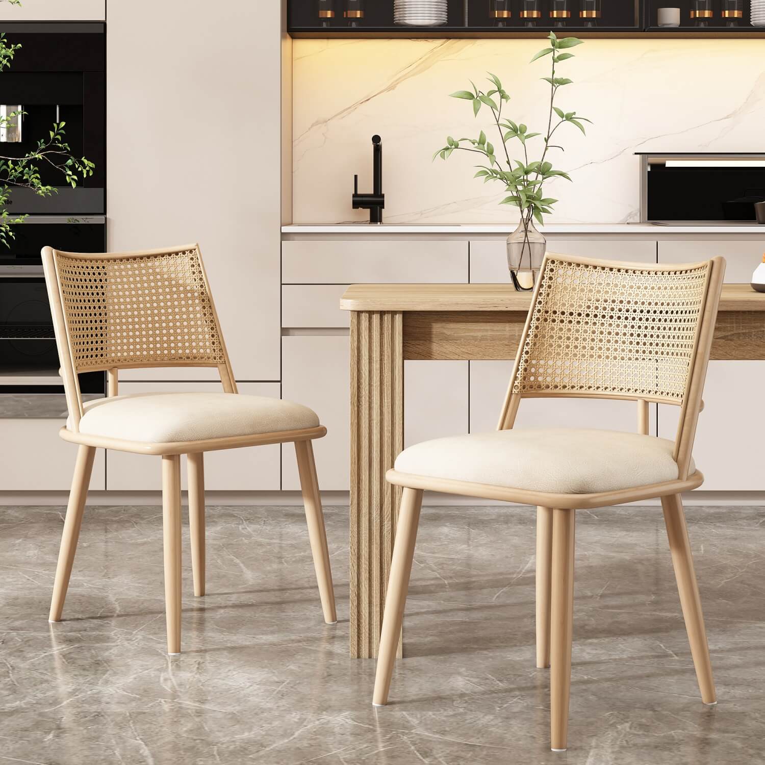 Set of 2 PU & Rattan Kitchen Chairs ¨C Bamboo Frame Retro Side Chairs for Home, Caf¨¦ & Restauran