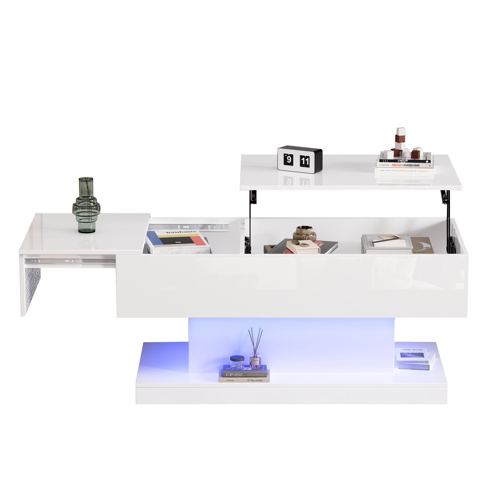 High Gloss Lift Up Top Coffee Table with Storage, Extendable Desktop Dinning Table 100 x 50 x 45 cm, Height Adjustable Tabletop, Retractable Desk