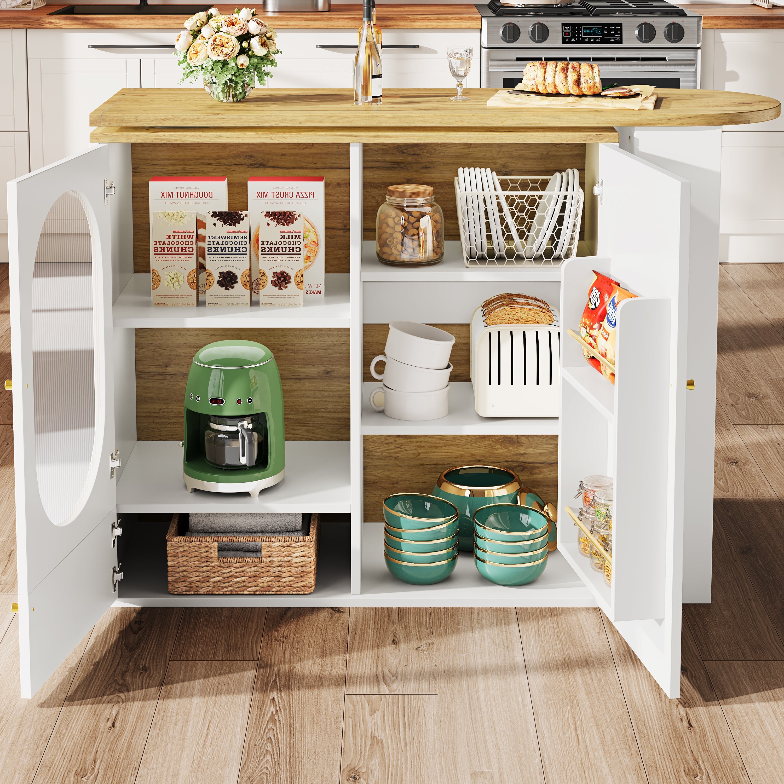 360° rotating bar table (body 138 x 39 x 105 cm), coffee bar furniture, rotating dining table with storage space, kitchen island, two doors with shelves, sideboard, buffet, white