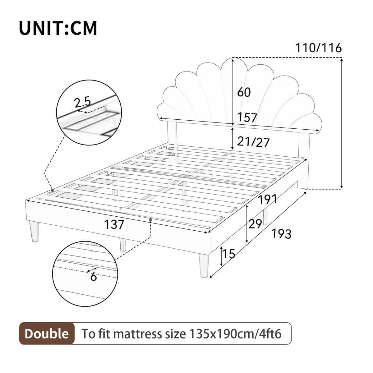 4FT6 Double Upholstered Velvet Bed Frame – Adjustable Petal Headboard, Slatted Base