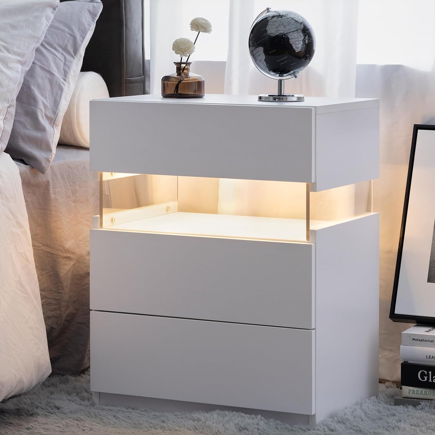 LED Nightstands: Acrylic Board LED Bedside Tables with 3 Drawer Dresser, White