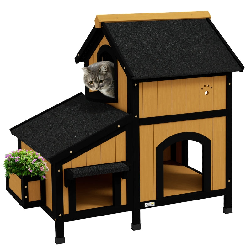 Wooden Cat House with Flower Pot, Windows, Multiple Entrances, Water-Resistant Roof - Yellow
