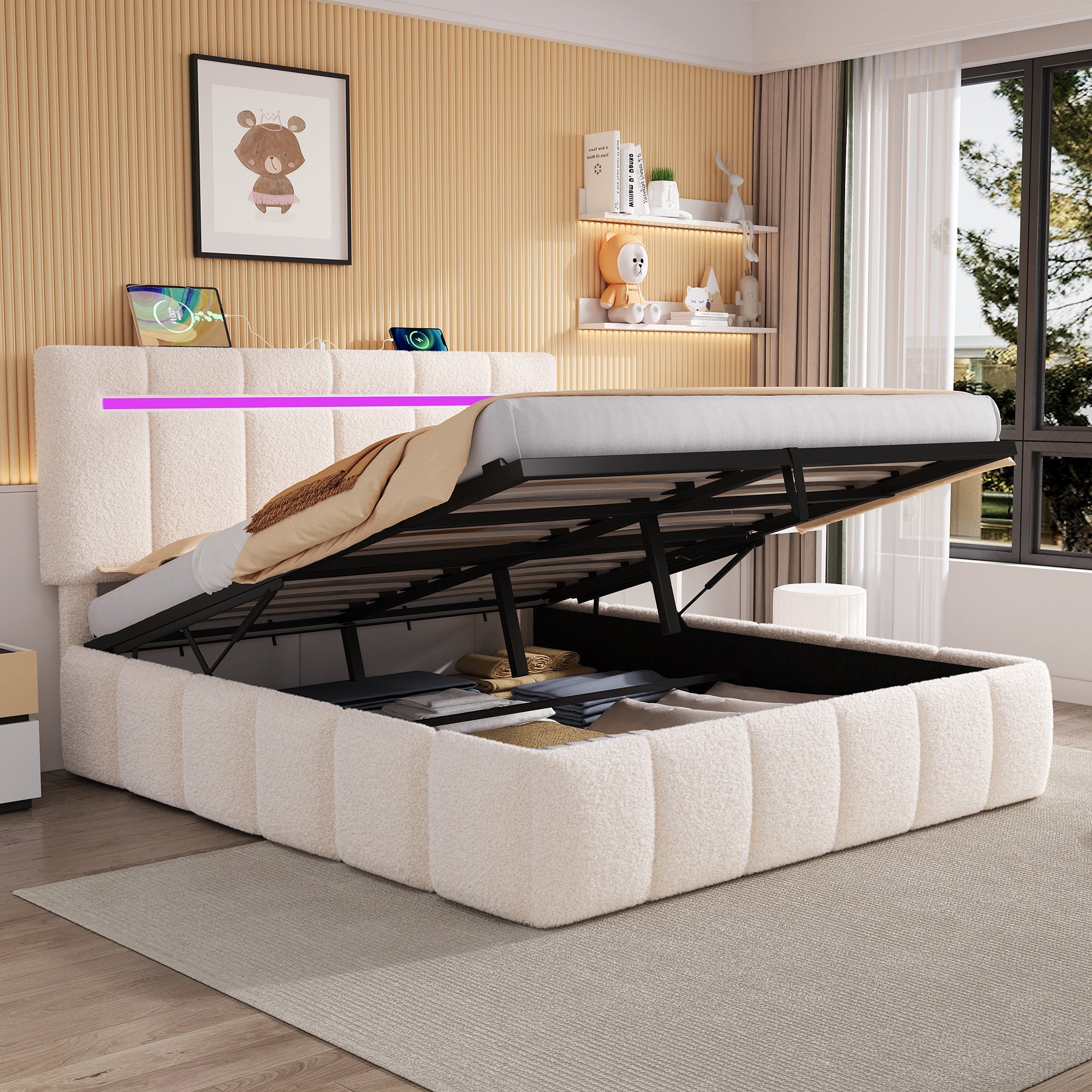 5ft King Upholstered Bed Frame with Hydraulic Storage, LED Adjustable Headboard, Boucle Fabric Beige