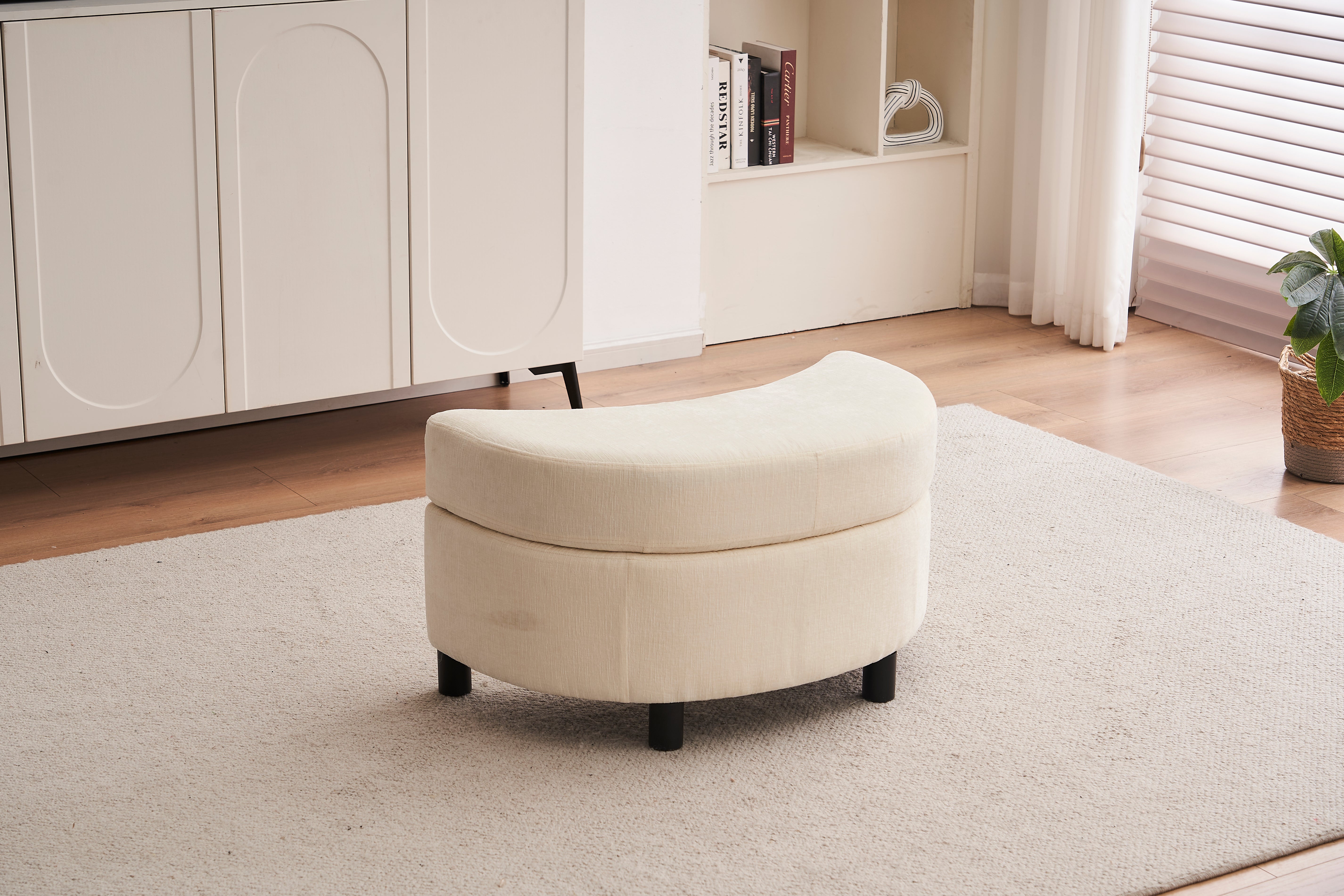 Chenille Swivel Armchair with 3 Back Cushion Pillow and Ottoman Crescent Stool, Ivory