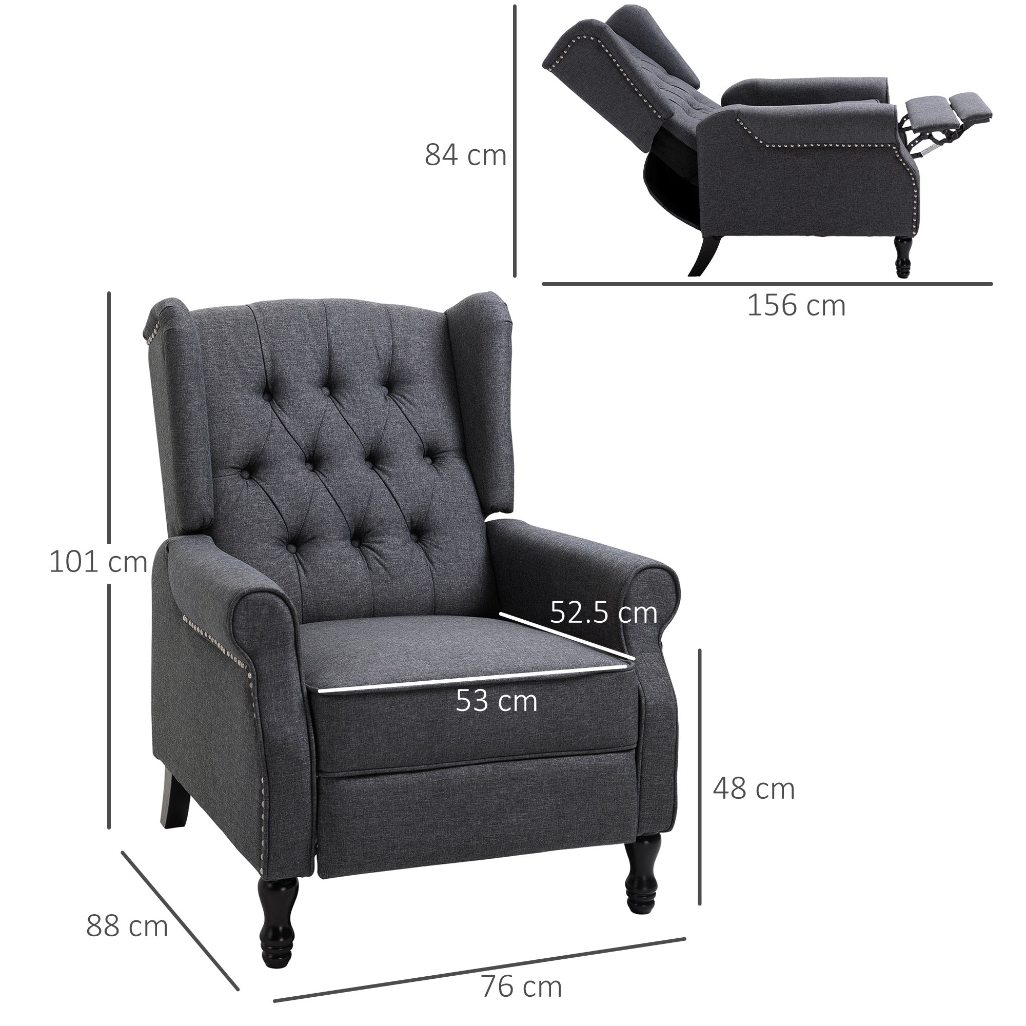 Recliner Armchair, Wingback Chair with Footrest, Dark Grey