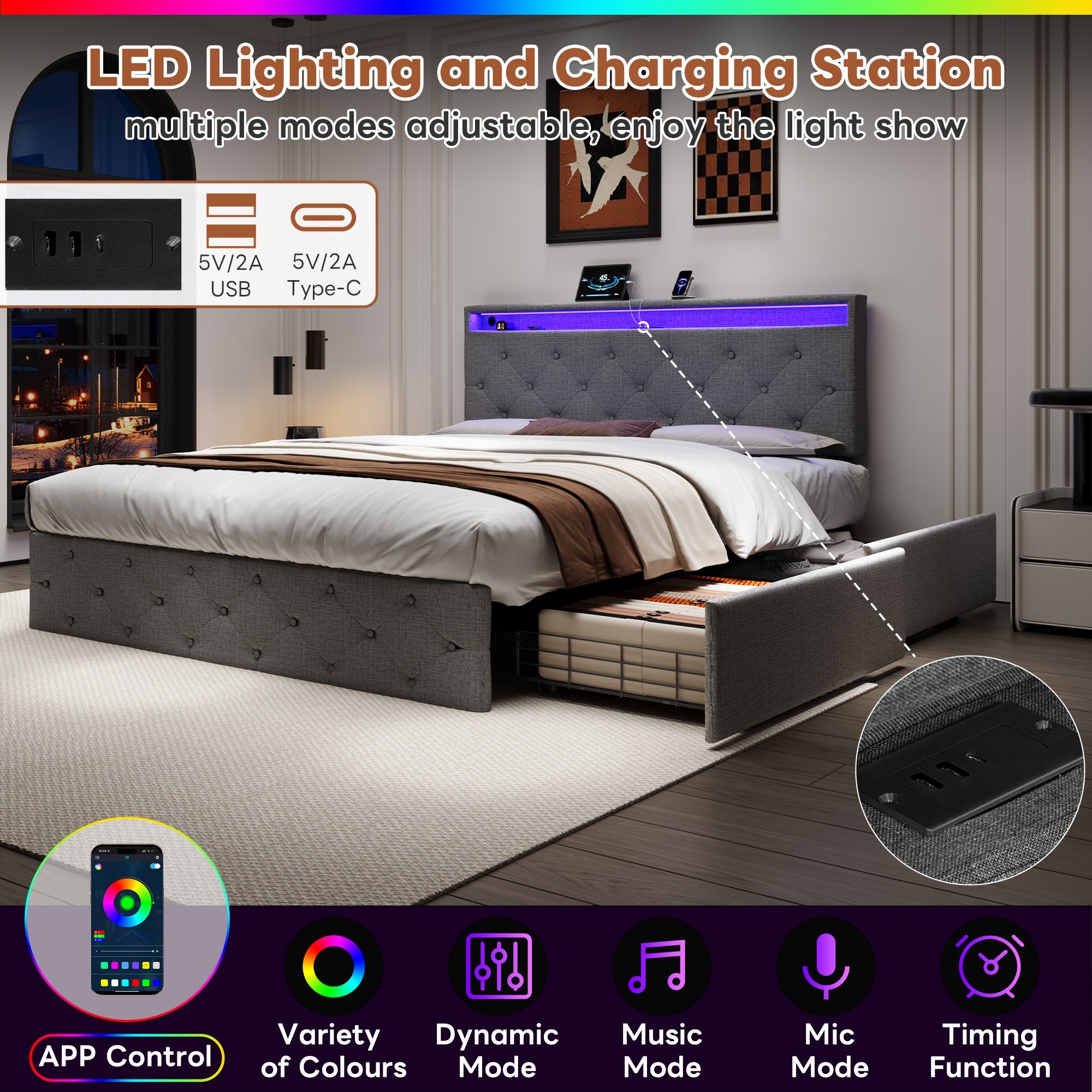 4ft6 Double Upholstered Bed with 4 Storage Drawers, LED Charging Station, Linen Grey