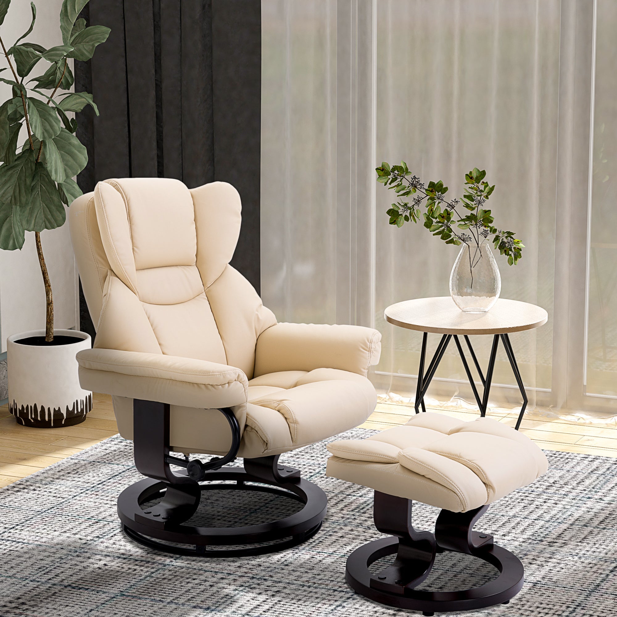 360¡ã Swivel Recliner Chair with Footstool, PU Leather Manual Reclining Armchair, Cream