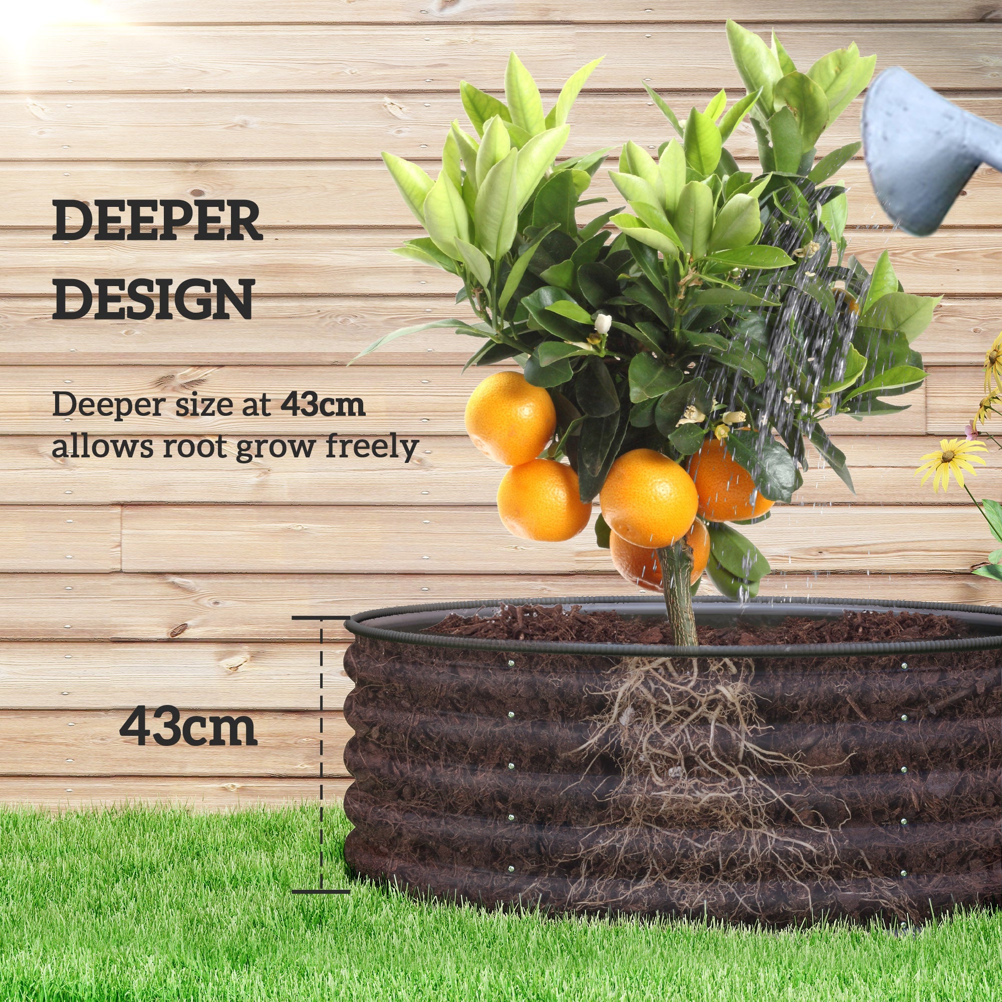 Galvanised Raised Garden Bed with Safety Edging, Outdoor Planter Box, 120 x 120 x 43cm, Dark Grey