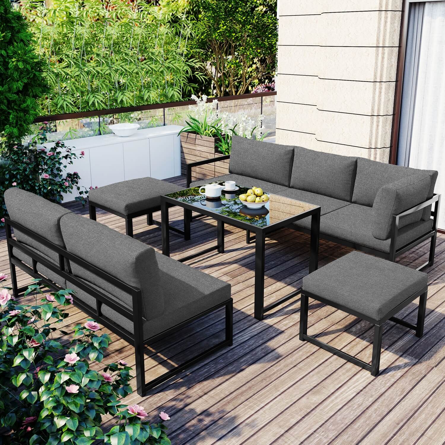 Outdoor Garden Lounge Sofa Set – Reclining Corner Seating with Adjustable Backrests and Cushions Included