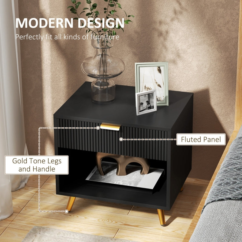 Elegant Bedside Table with Drawer and Shelf - Black/Gold Tone