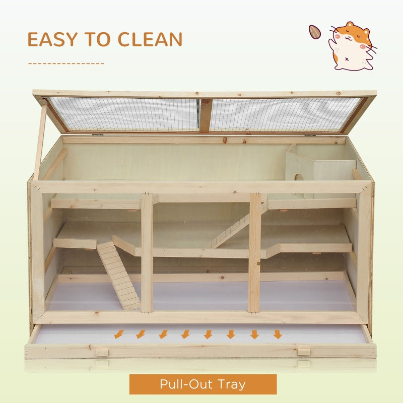 Hamster Cage with Tray, Openable Top, Exercise Play House, Natural Wood