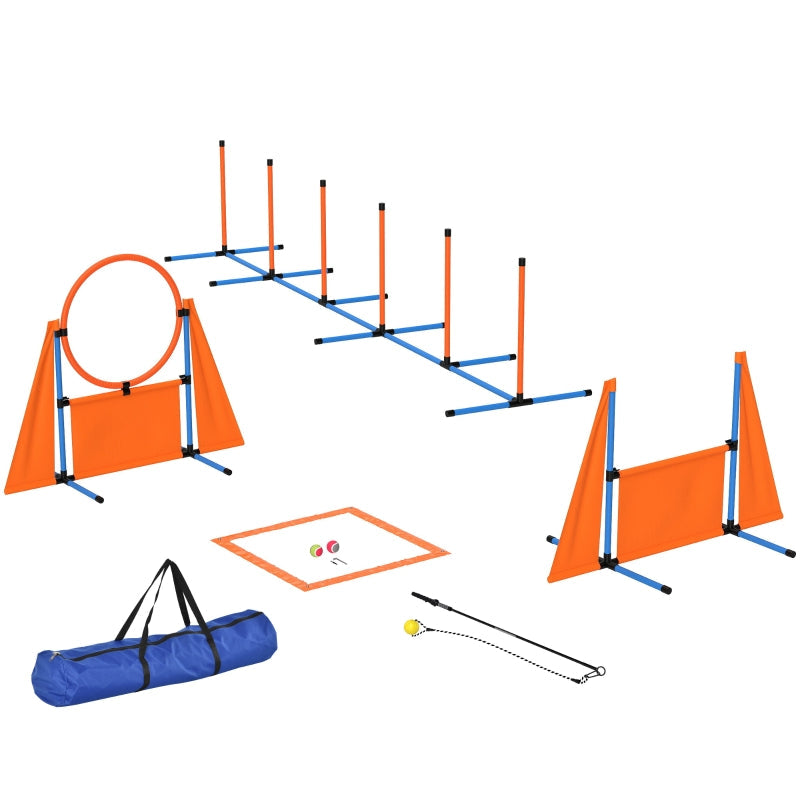 Dog Agility Equipment Set, Seven-Piece with Weave Poles, Jump Ring, Hurdle, Pause Box, Carry Bag, Orange