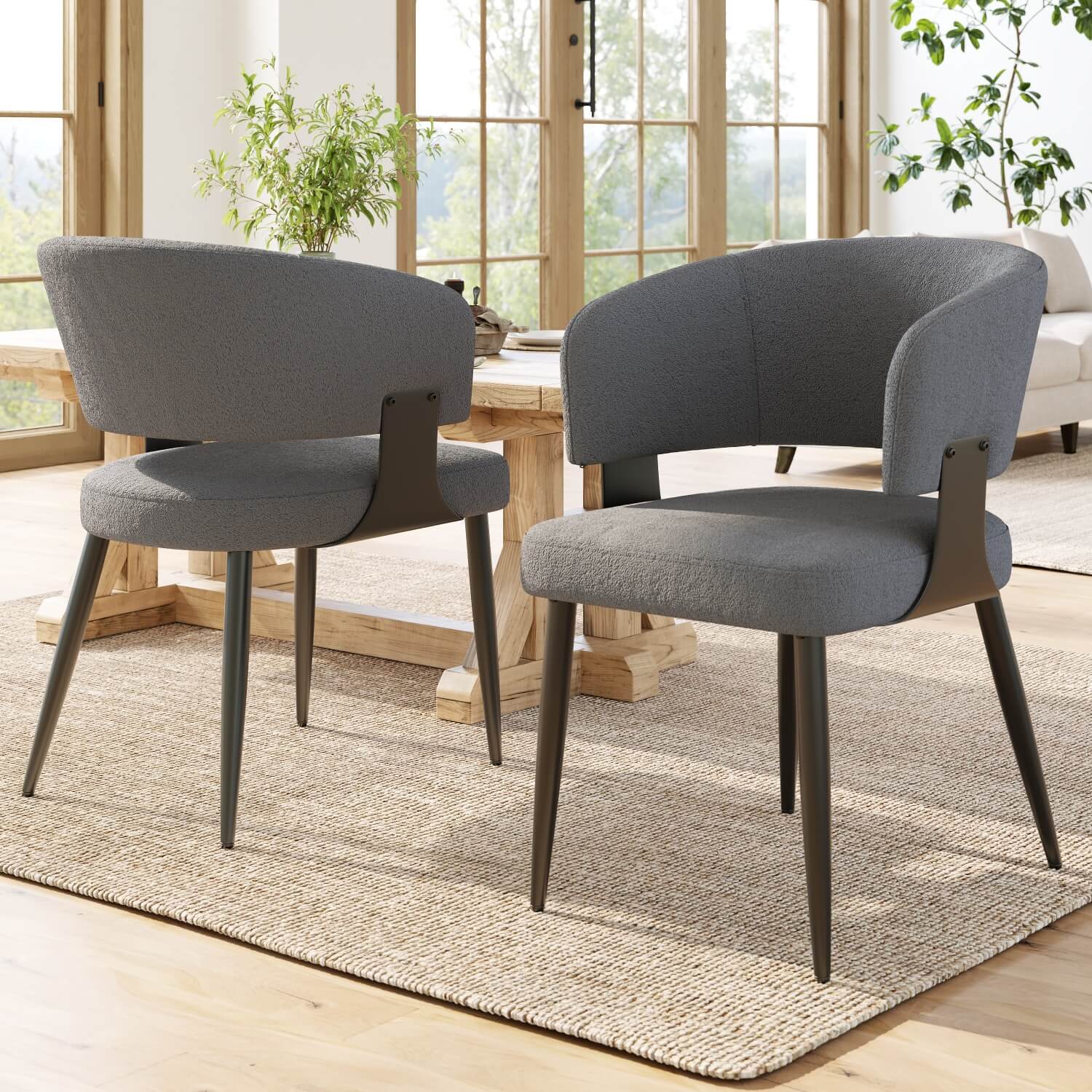 Set of 2 Modern Dining Chairs – Upholstered Fabric Dining Room Chairs with Curved Backrest, Padded Seat and Metal Legs