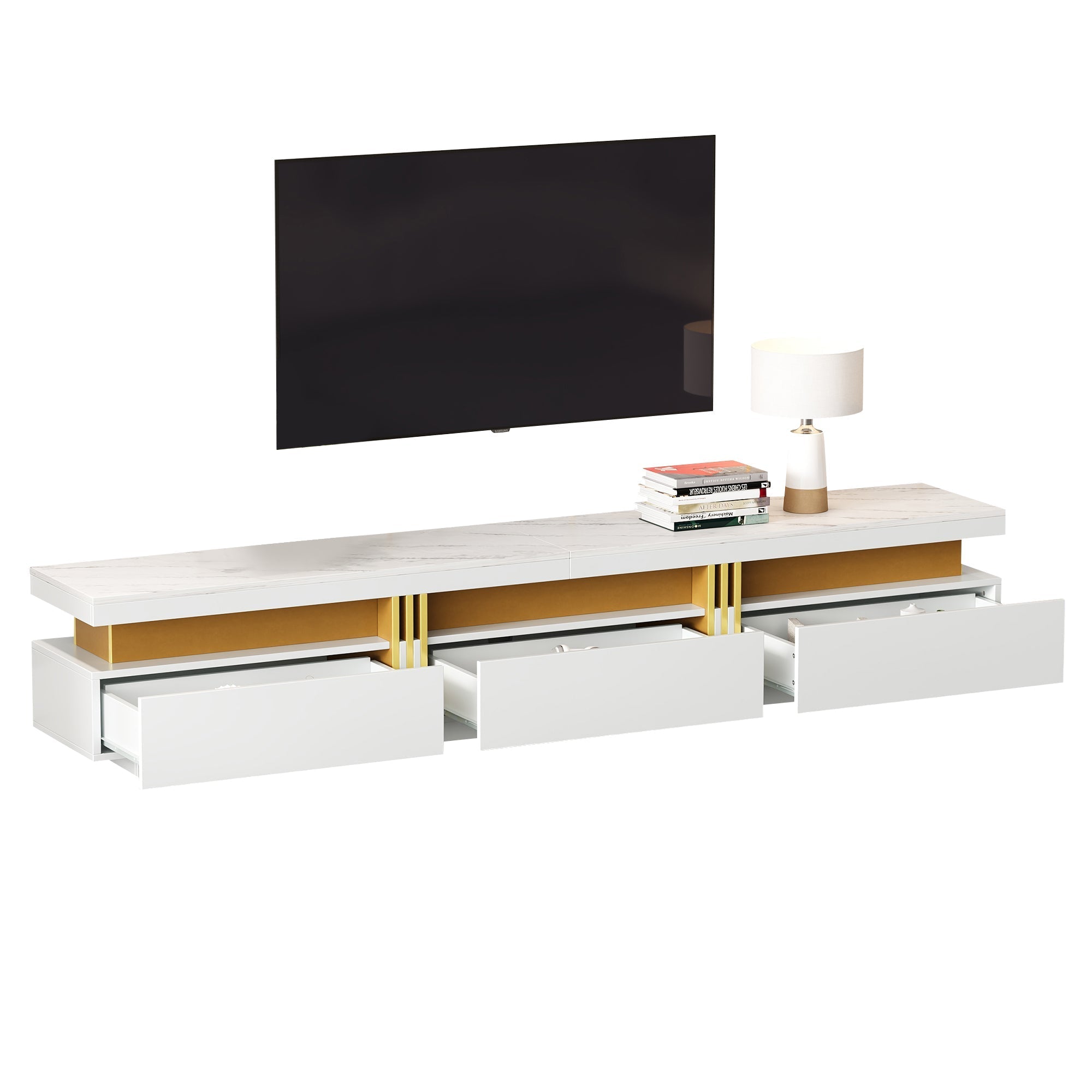Luxury TV Stand with Faux Marble Top, 3 Drawers for TVs Up to 89'', Golden Panel, White