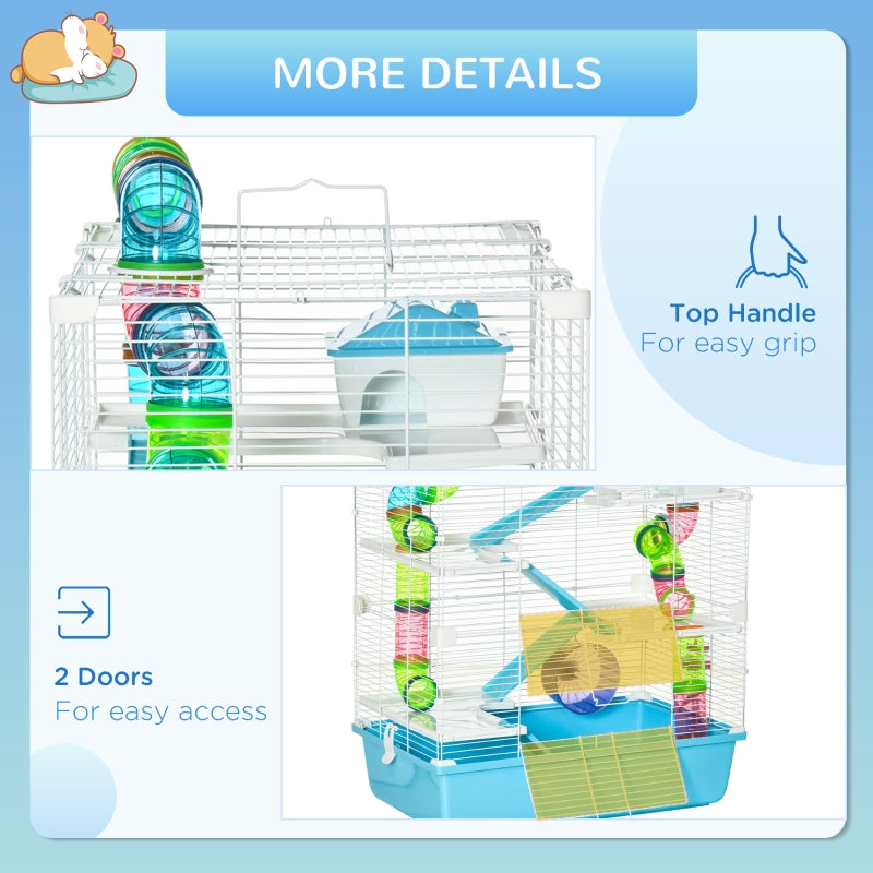 Hamster Cage with Water Bottle, Exercise Wheel, Tubes, Ramps - Light Blue