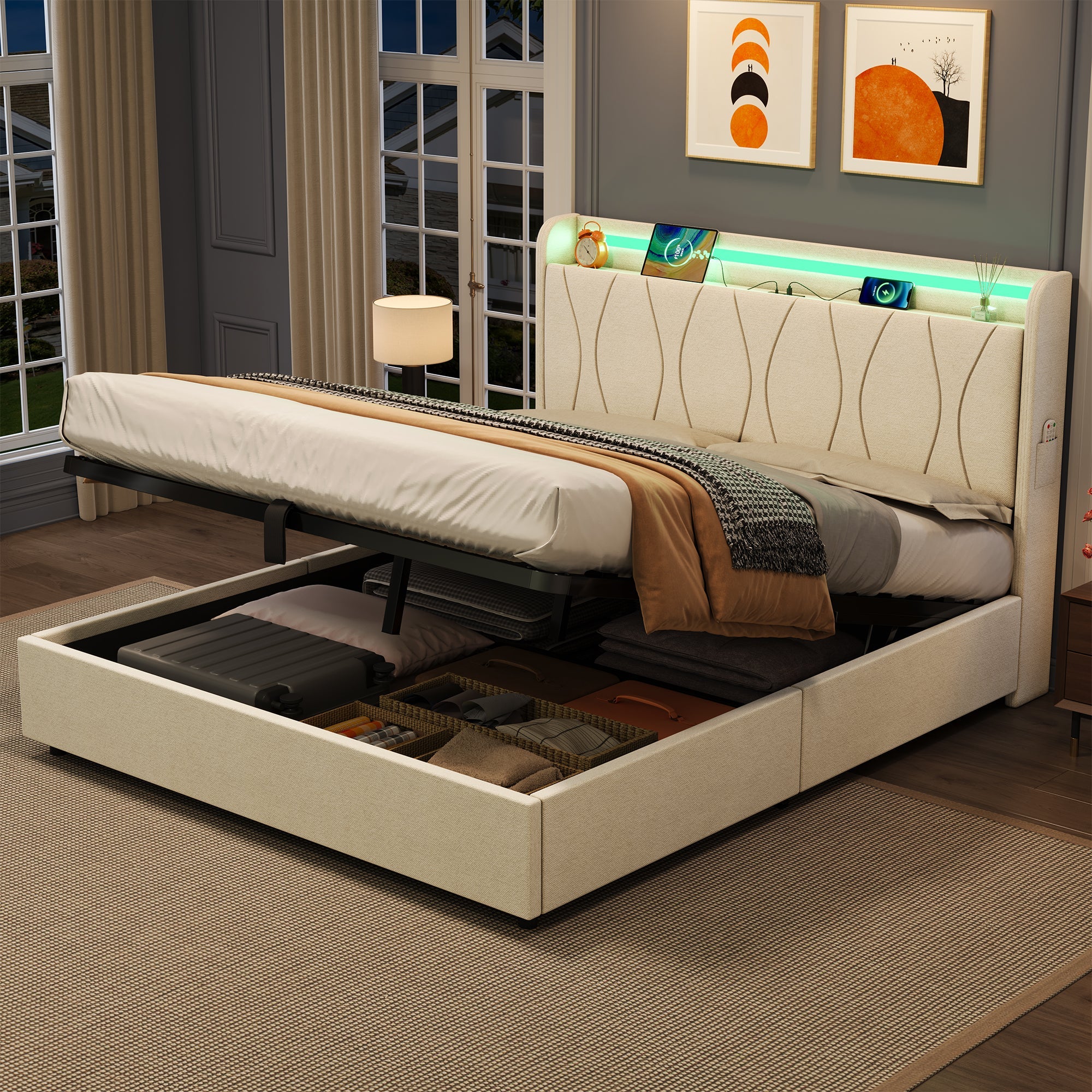 4ft6 Double Upholstered Bed Frame with Hydraulic Storage, LED Headboard, Charging Station, Concealed Storage, Linen Beige