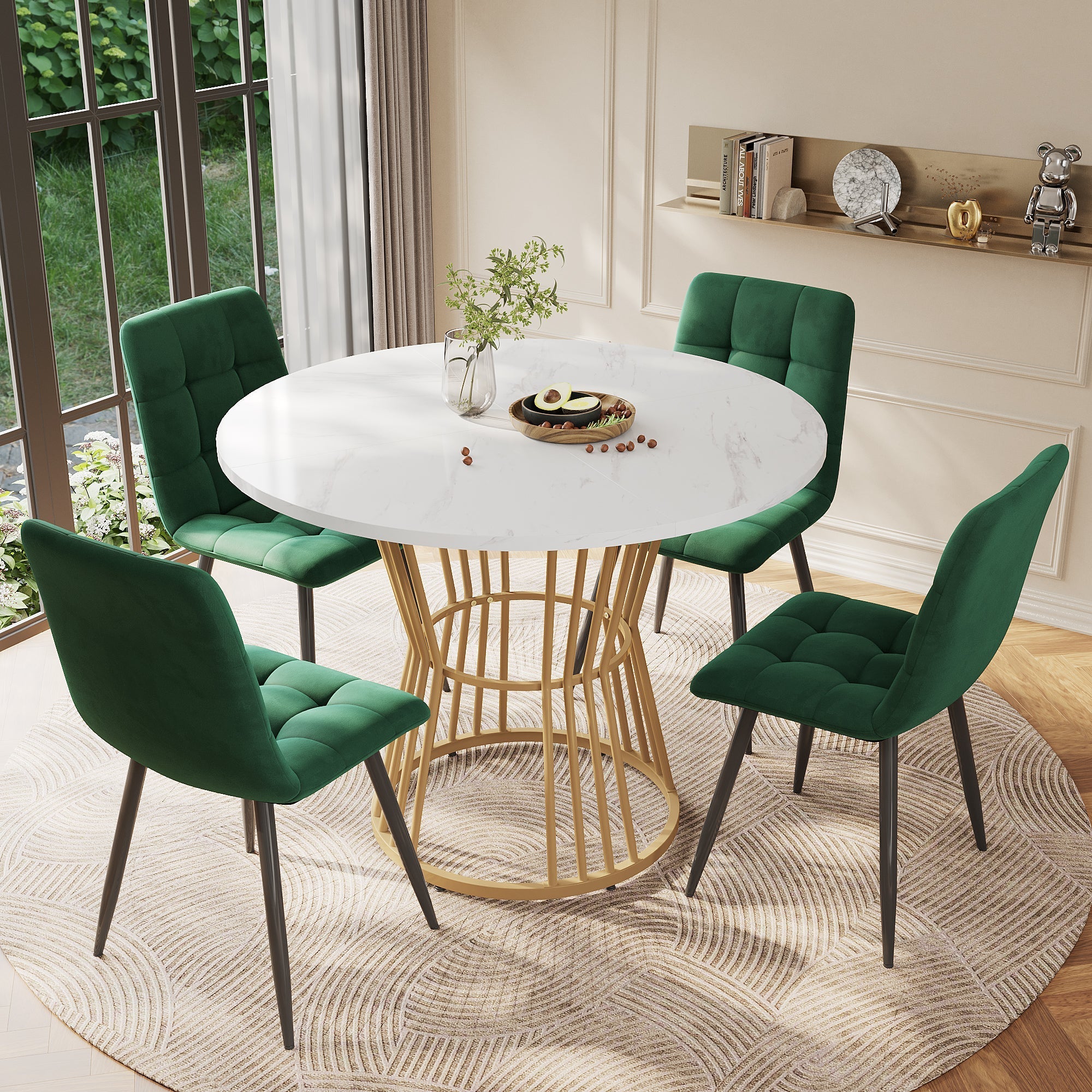 Dining Table Set (5-Piece) with 4 Chairs, Round 100 cm Diameter, Golden Metal Legs, White MDF Top, Green Velvet Chairs