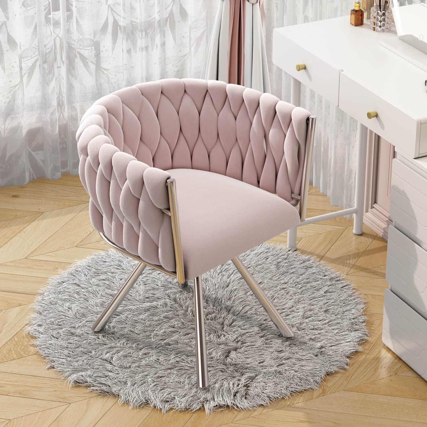 Velvet Swivel Dining Chair – Luxury Single Chair with Metal Legs for Living Room & Bedroom, Pink