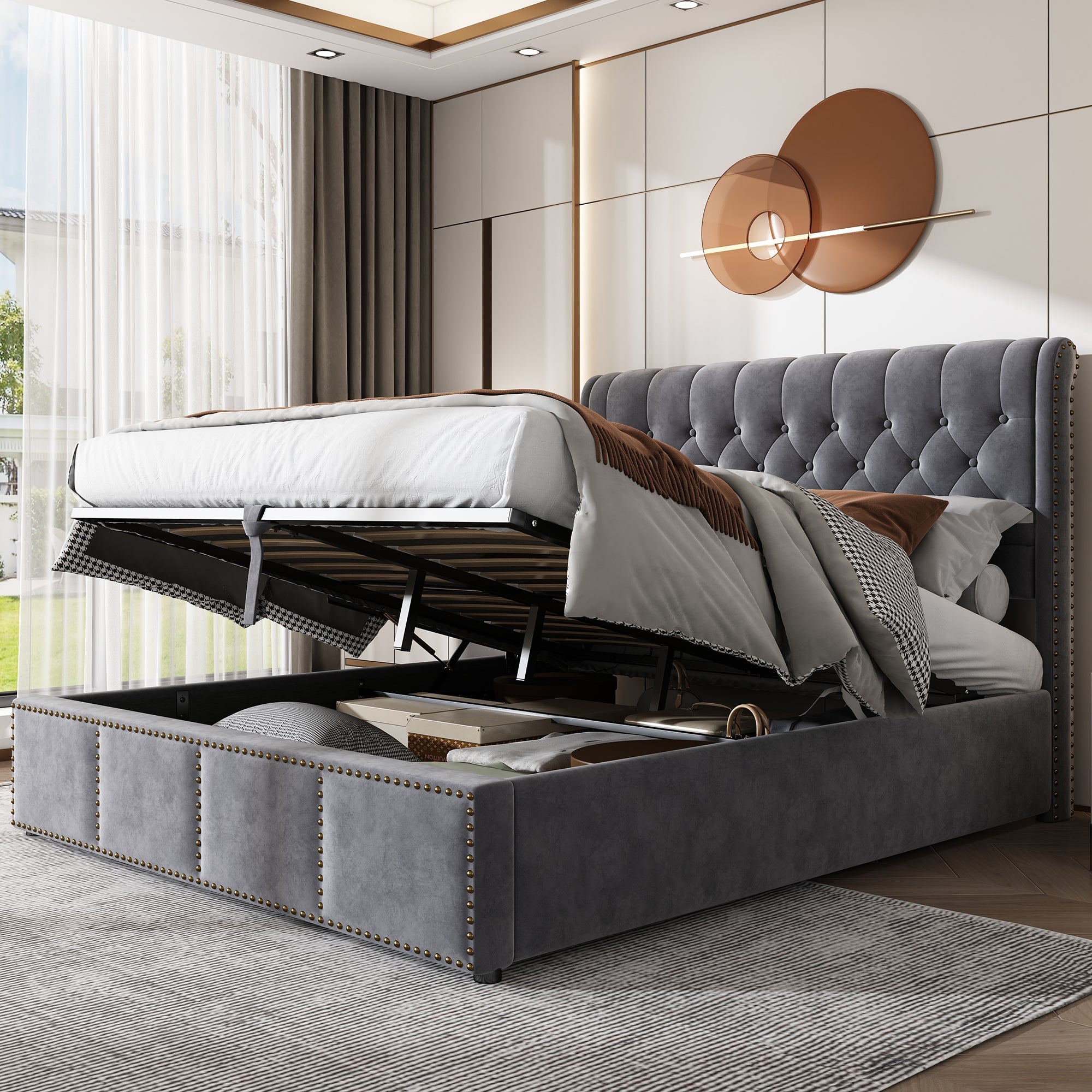 Upholstered Bed, King Size 5ft (150x200cm), Hydraulic Lift, Storage, Rivet Decoration, Grey Velvet