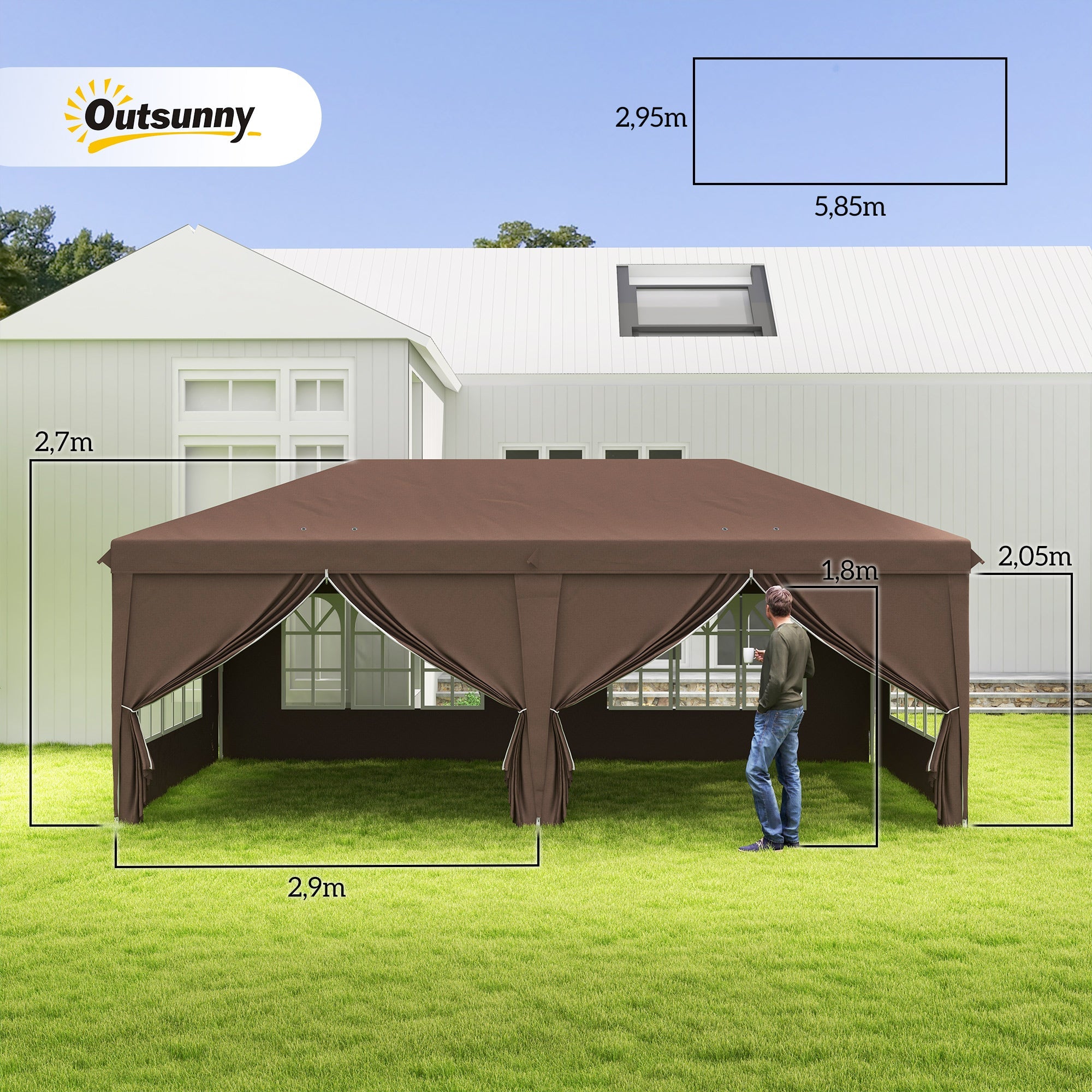 Pop Up Gazebo, 3x6m with Sides and Windows, Brown