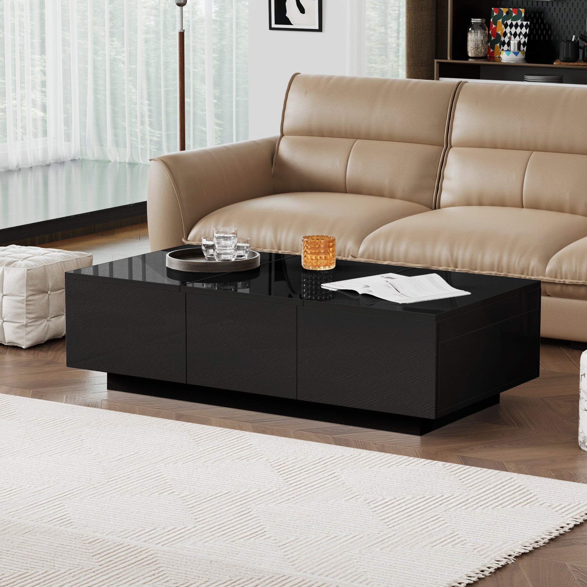 Coffee Table: Black High-Gloss Living Room Table with Push-Pull Storage Structure and Double-Sided Drawers, made of Particle Board.