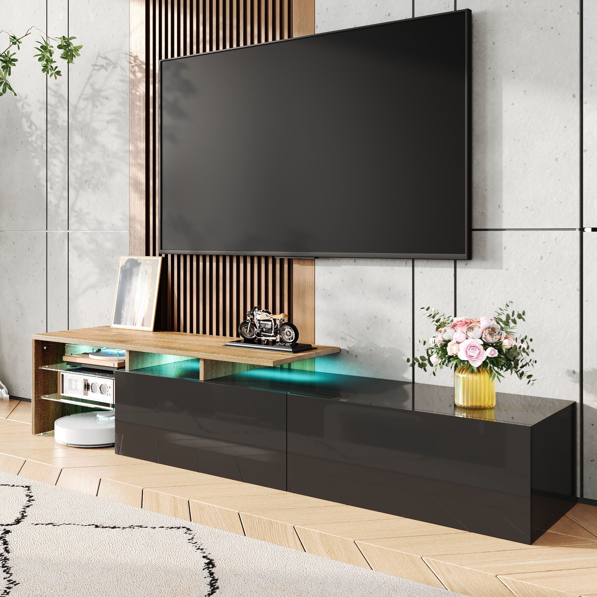 Modern TV Cabinet: Stylish, Elegant, Storage with Glass Shelves, LED Lighting, Black and Wood