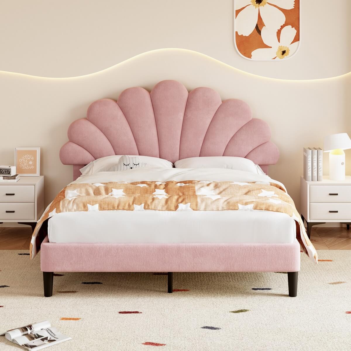 4FT6 Double Upholstered Velvet Bed Frame – Adjustable Petal Headboard, Slatted Base