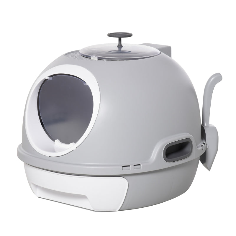 Cat Litter Box Toilet with Scoop, Enclosed Drawer, Grey