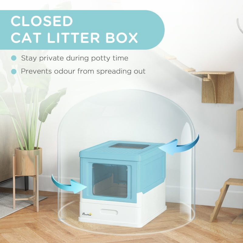 Hooded Cat Litter Box, Portable Pet Toilet, Scoop and Front Entry - Light Blue