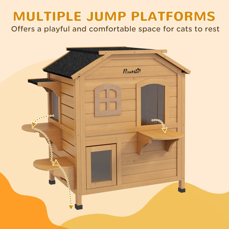2-story Cat House Outdoor, Weatherproof Cat Enclosure with Escape Door, Openable Roof, Jumping Platforms, Natural Wood