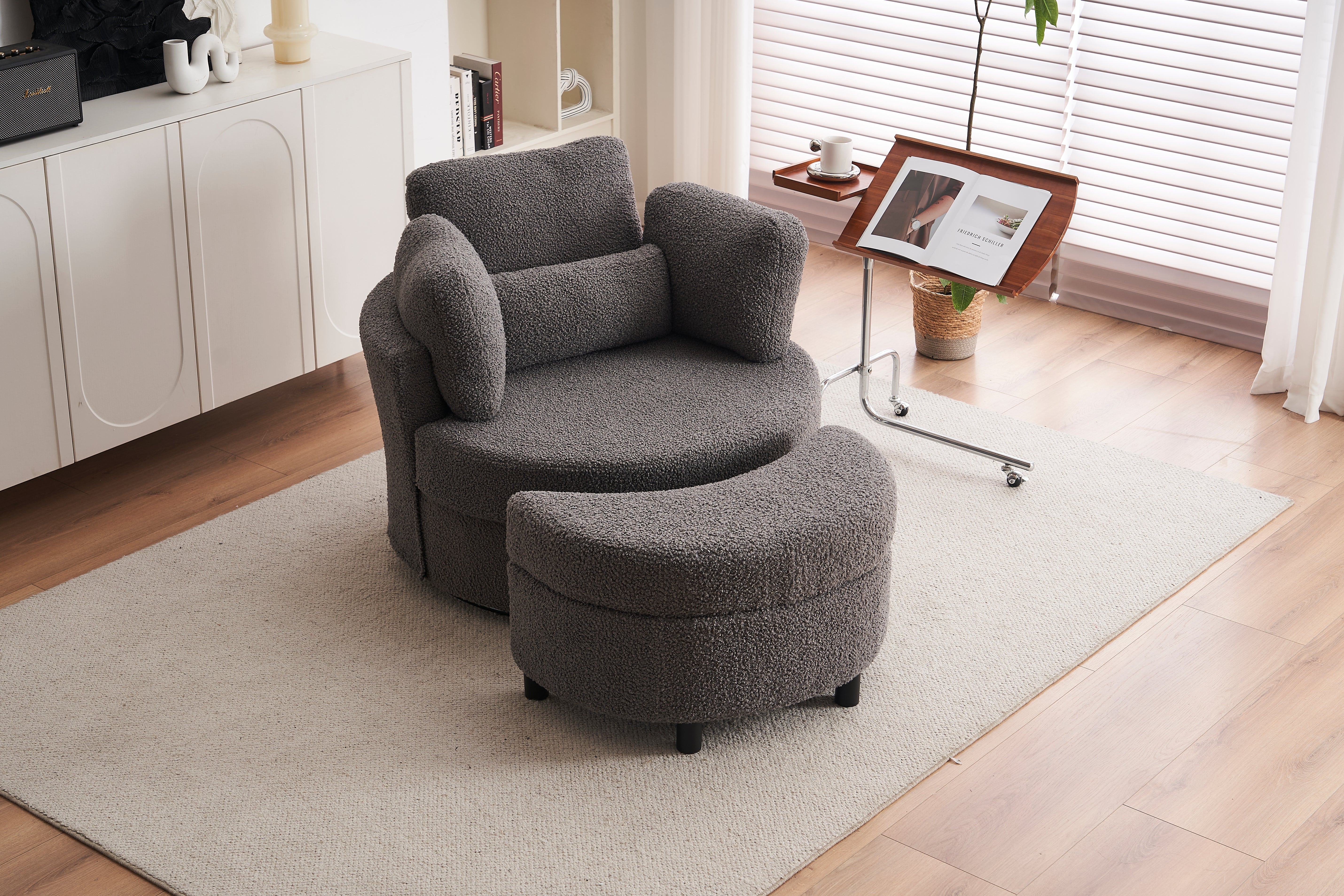 Teddy swivel armchair with 3 back cushion pillow ottoman crescent stool, Medium Grey