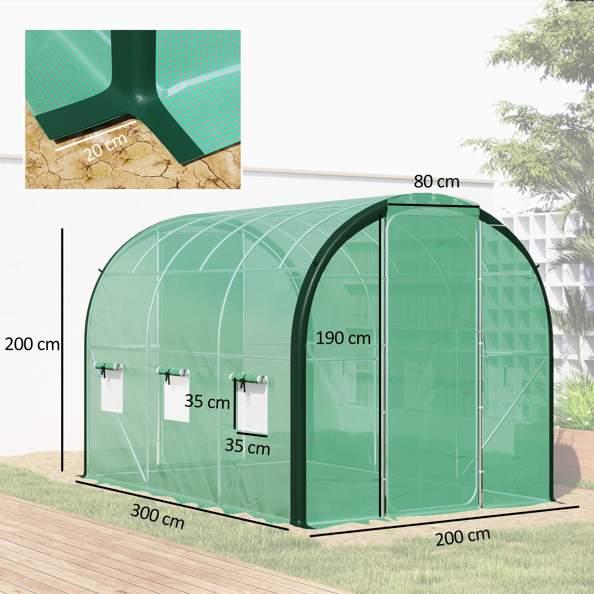 Polytunnel Greenhouse, 3 x 2(m) with Windows and Doors - Green