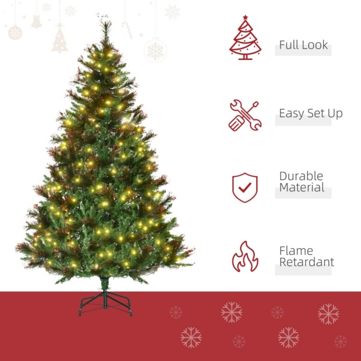 6FT Pre-Lit Artificial Christmas Tree – Realistic Spruce Design with Warm White LED Lights, Metal Stand