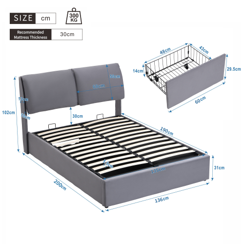Upholstered Bed, Double 4ft6 (135x190cm) Hydraulic with Three Drawers, Storage Box & Slatted Frame, Velvet Grey