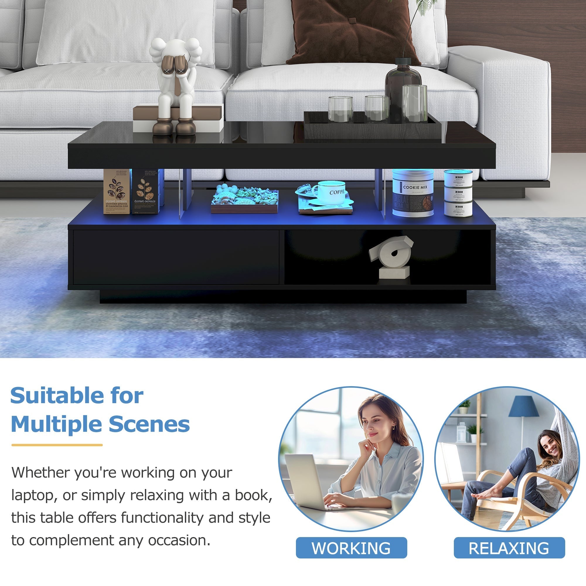Coffee Table Push-Pull Storage Black Particle Board