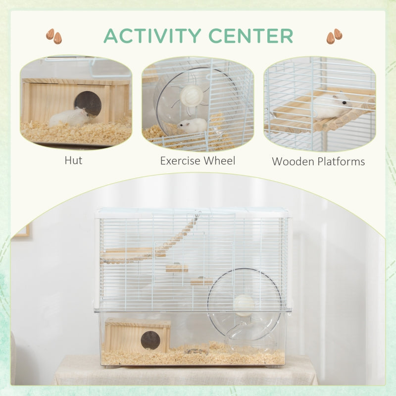 Hamster/Gerbil Cage with Wooden Ramp, Exercise Wheel, Food Bowl - White