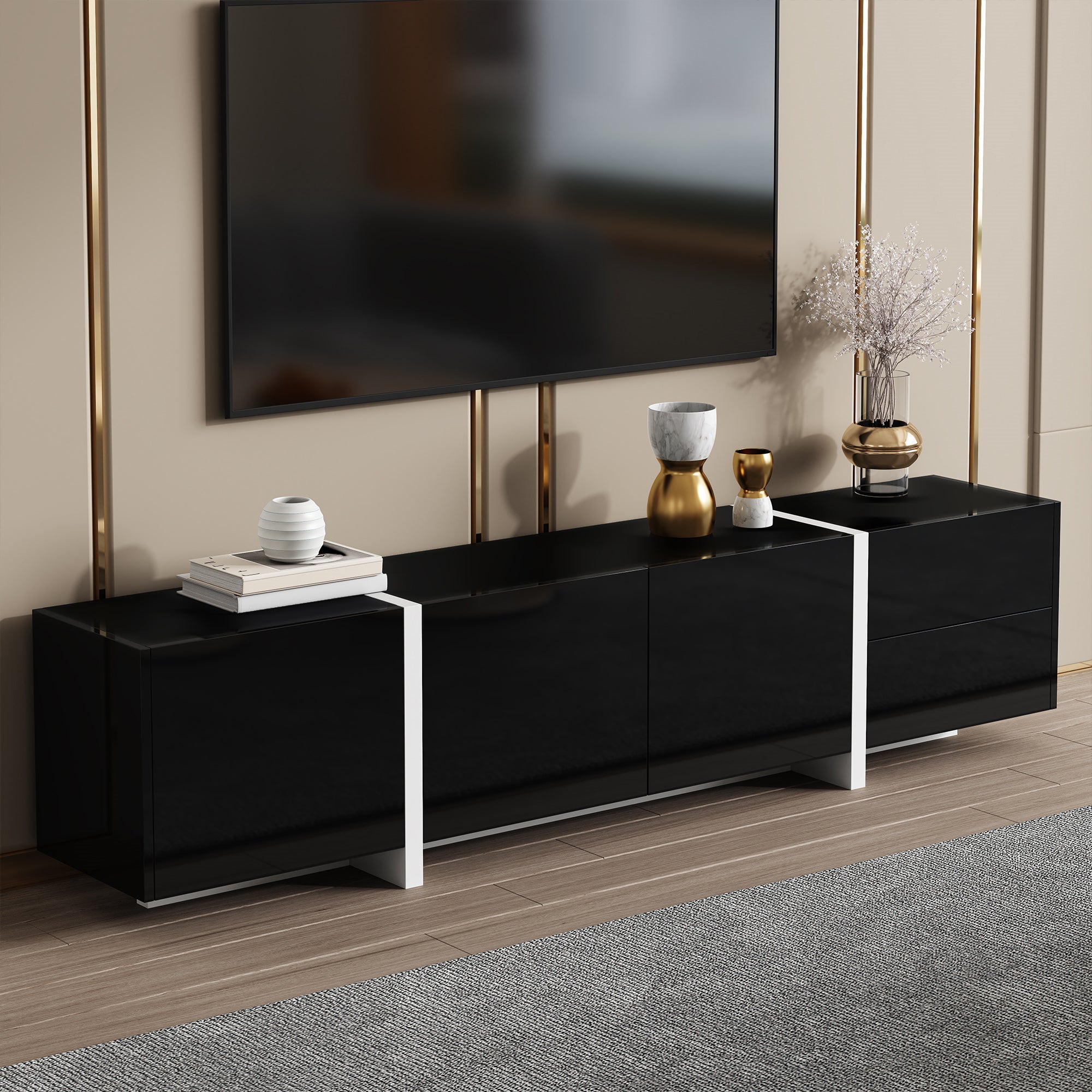 TV Cabinet, High-Gloss with Doors & Drawers, Black & White