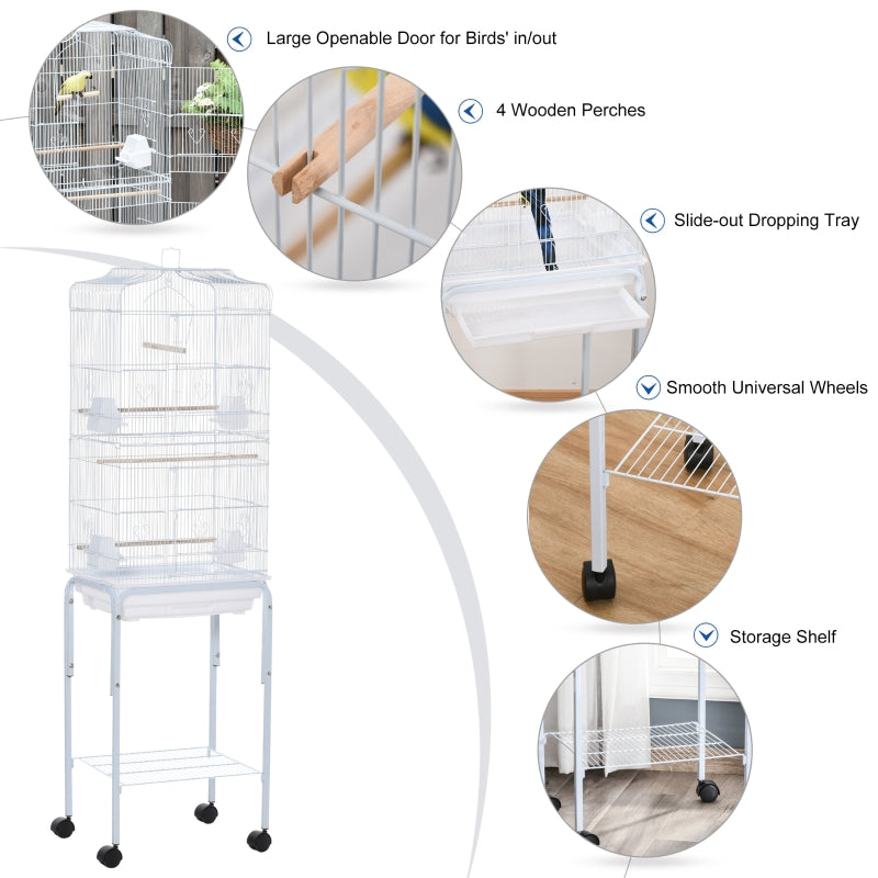 Bird Cage with Stand Wheels Slide-out Tray Storage Shelf, White