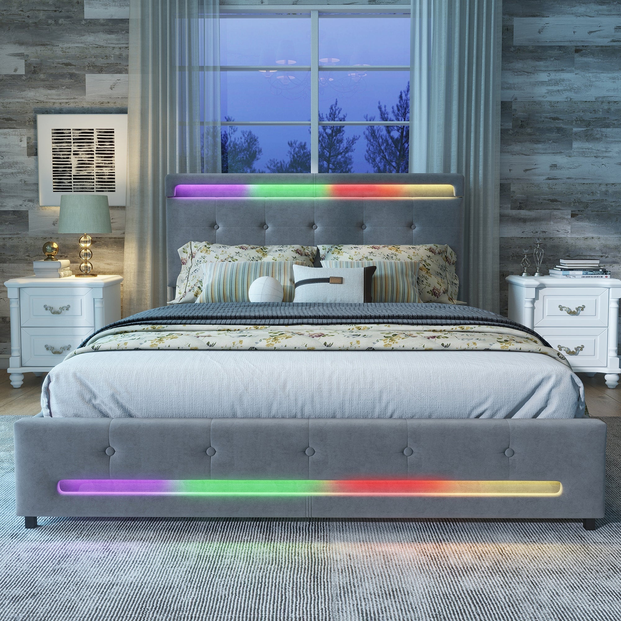 Upholstered Storage Bed with Soft Backrest, 4 Drawers, LED Light Strips, Grey Velvet