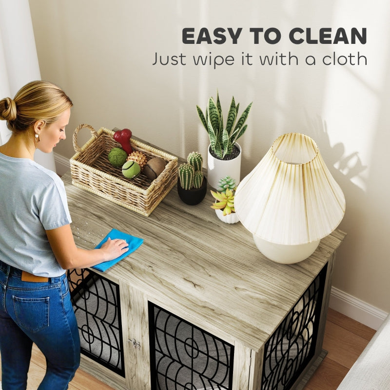 PawHut Dog Crate End Table with Cushion, Lockable Door - Grey