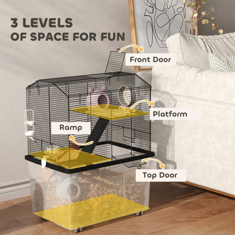 Three-Tier Gerbil Cage, Hamster Cage with Wheels, Deep Bottom, Food Dish, Water Bottle