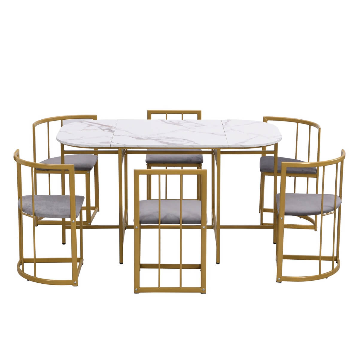 6 Seater Dining Table Set – White Table with Grey Upholstered Chairs, Gold Metal Frame, Modern Dining Room Furniture Set