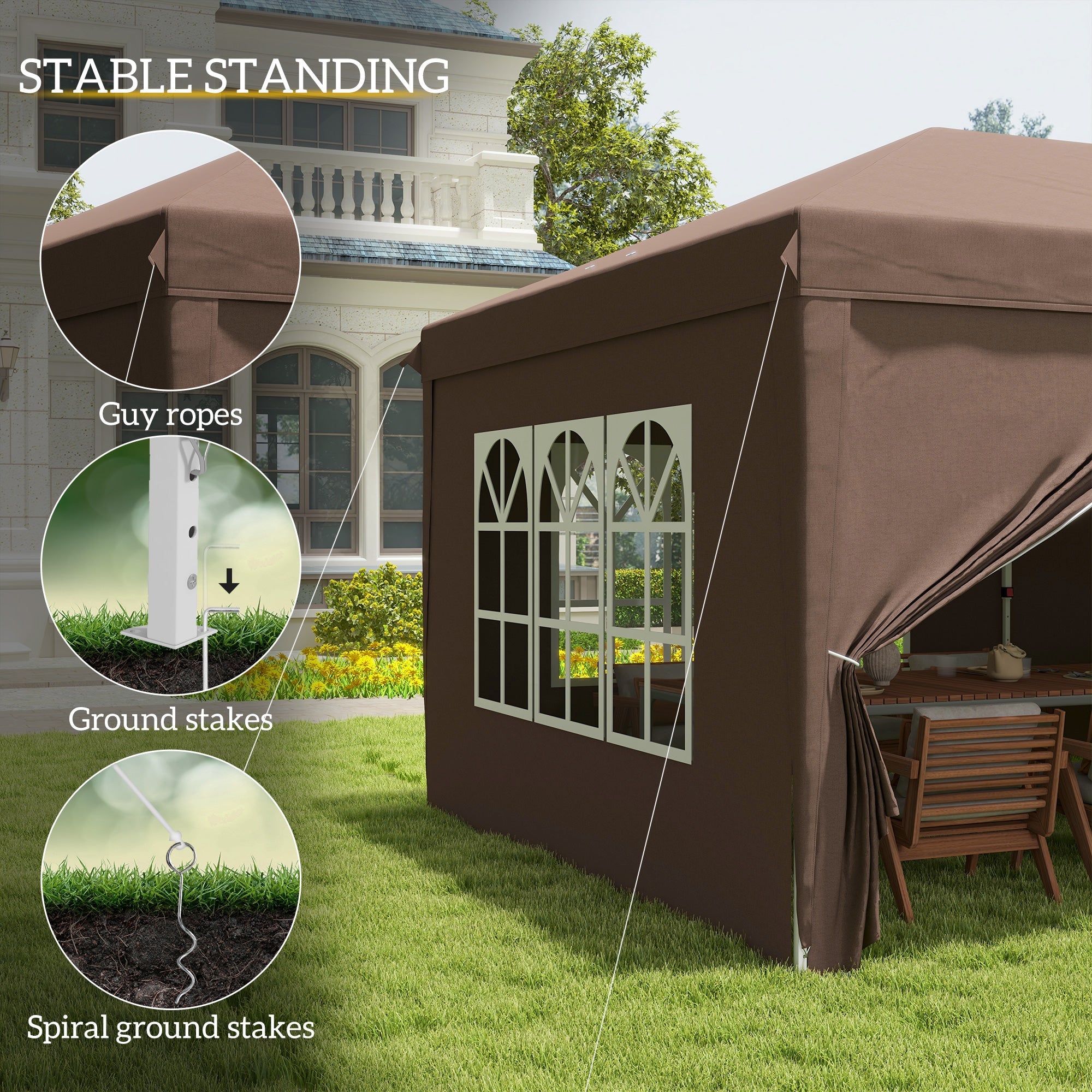 Pop Up Gazebo, 3x6m with Sides and Windows, Brown