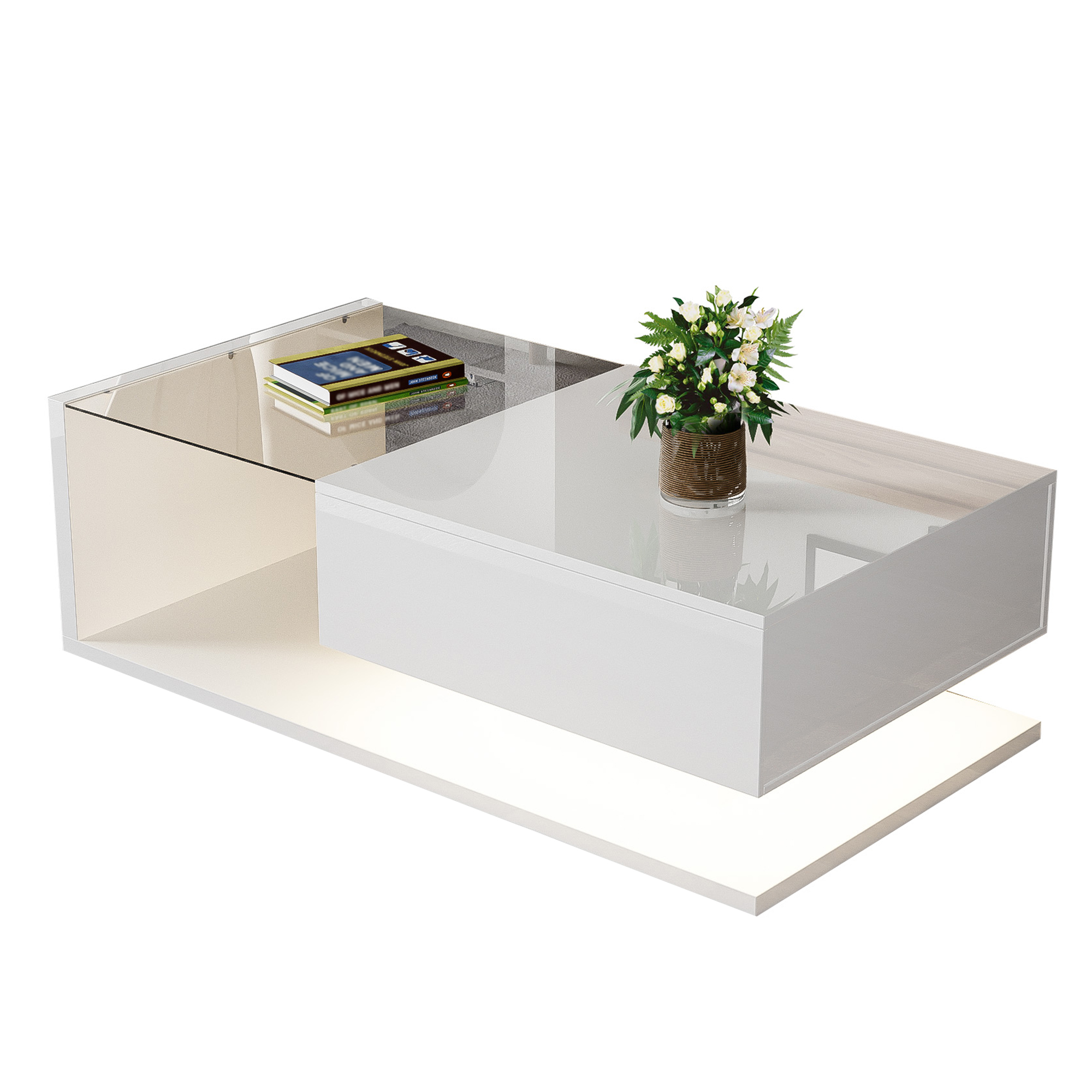 Coffee table, high-gloss white. Side tables, coffee tables with glass and LED
