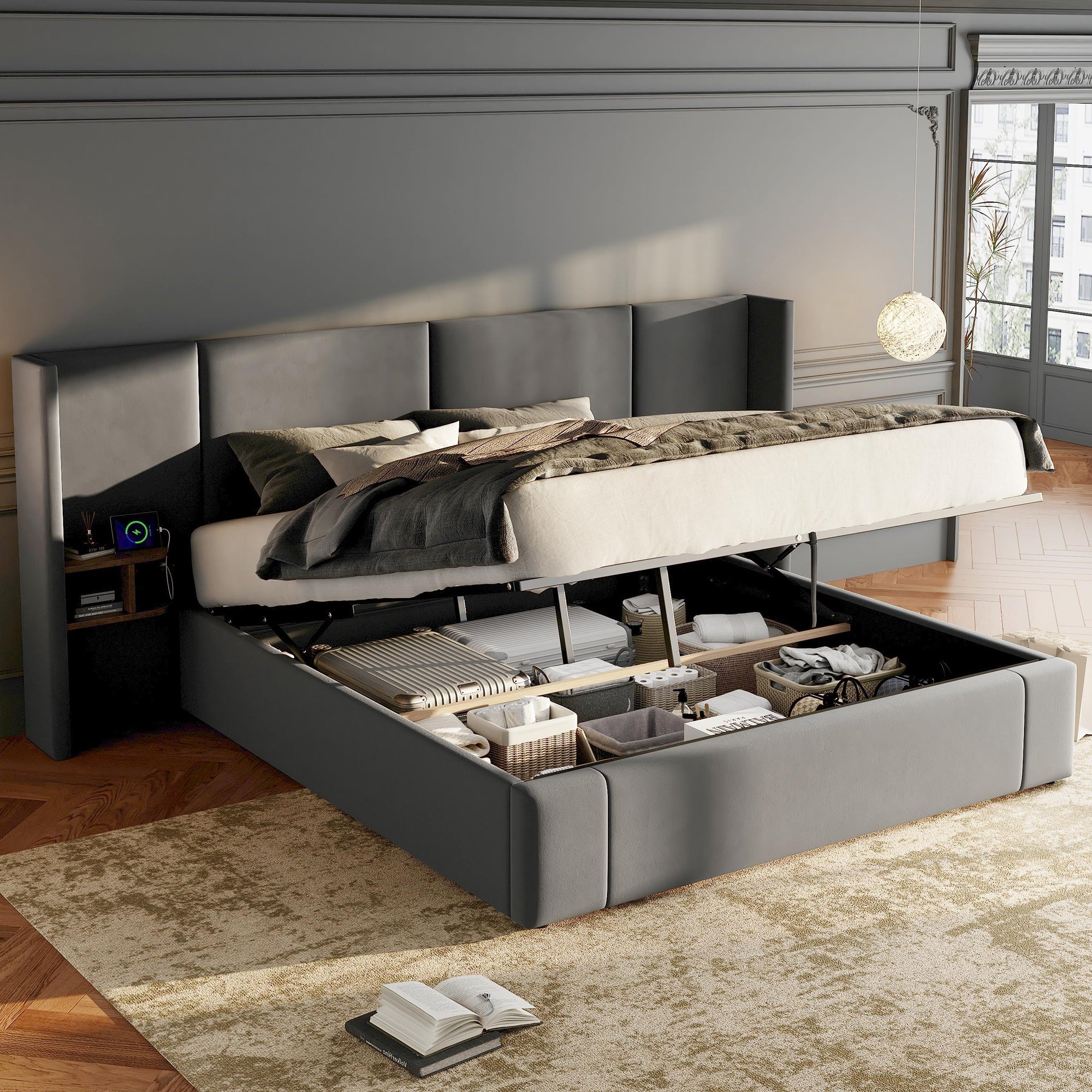 Upholstered King Size 5ft (150*200cm) Ottoman Lift Up Bed Frame with USB, Sockets & Bedside Tables, Velvet Grey