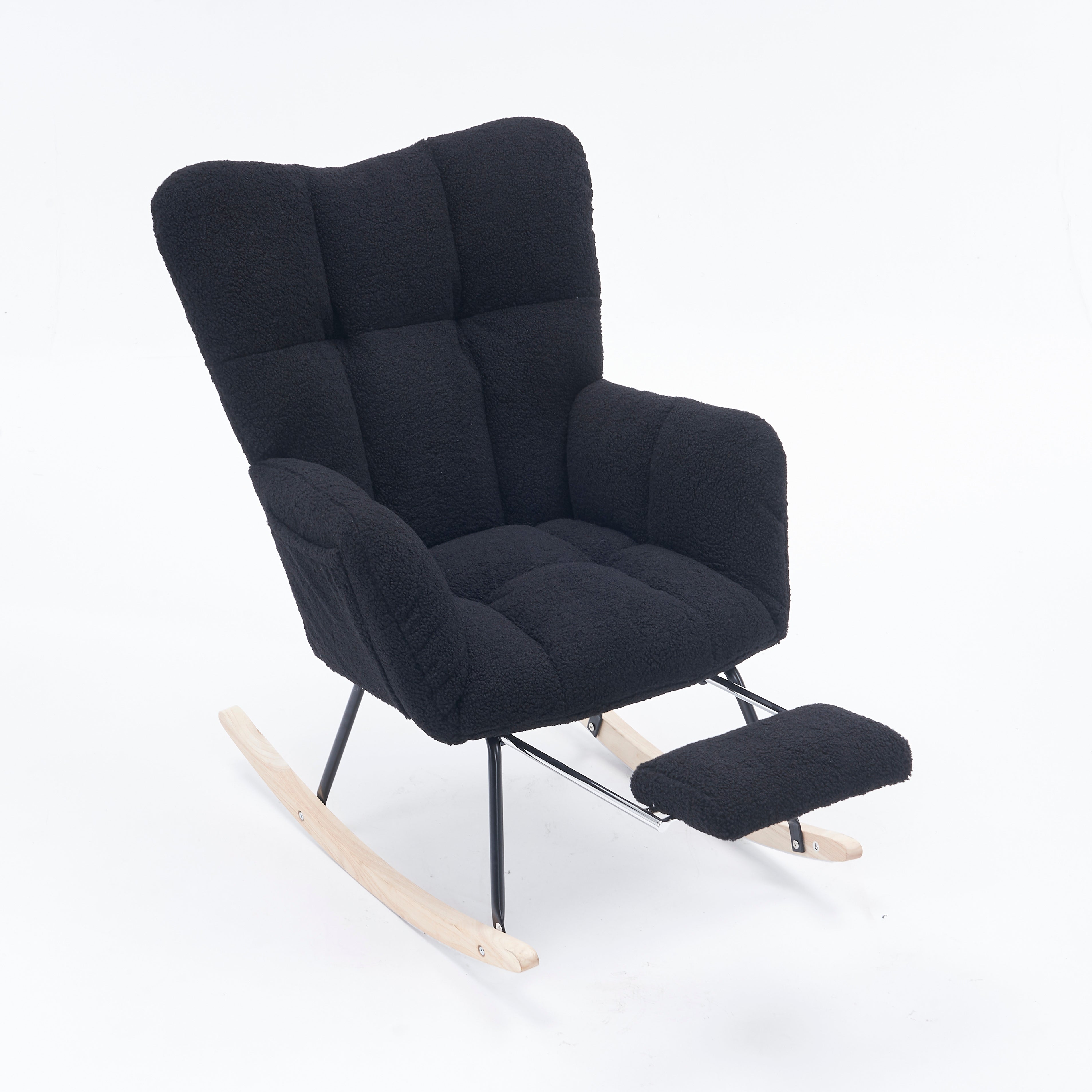 New Modern Teddy Fabric Tufted Upholstered Rocking Chair with Pull-Out Footrest, Black