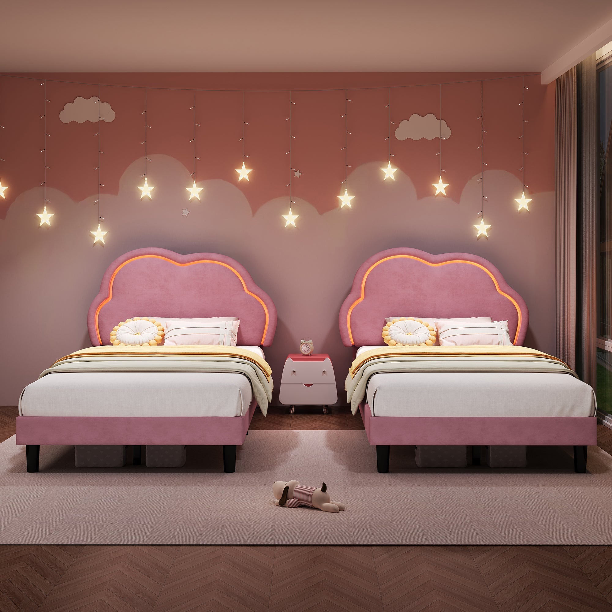 3ft Single Upholstered Bed with LED Adjustable Cute Cloud Headboard, Pink Soft Velvet